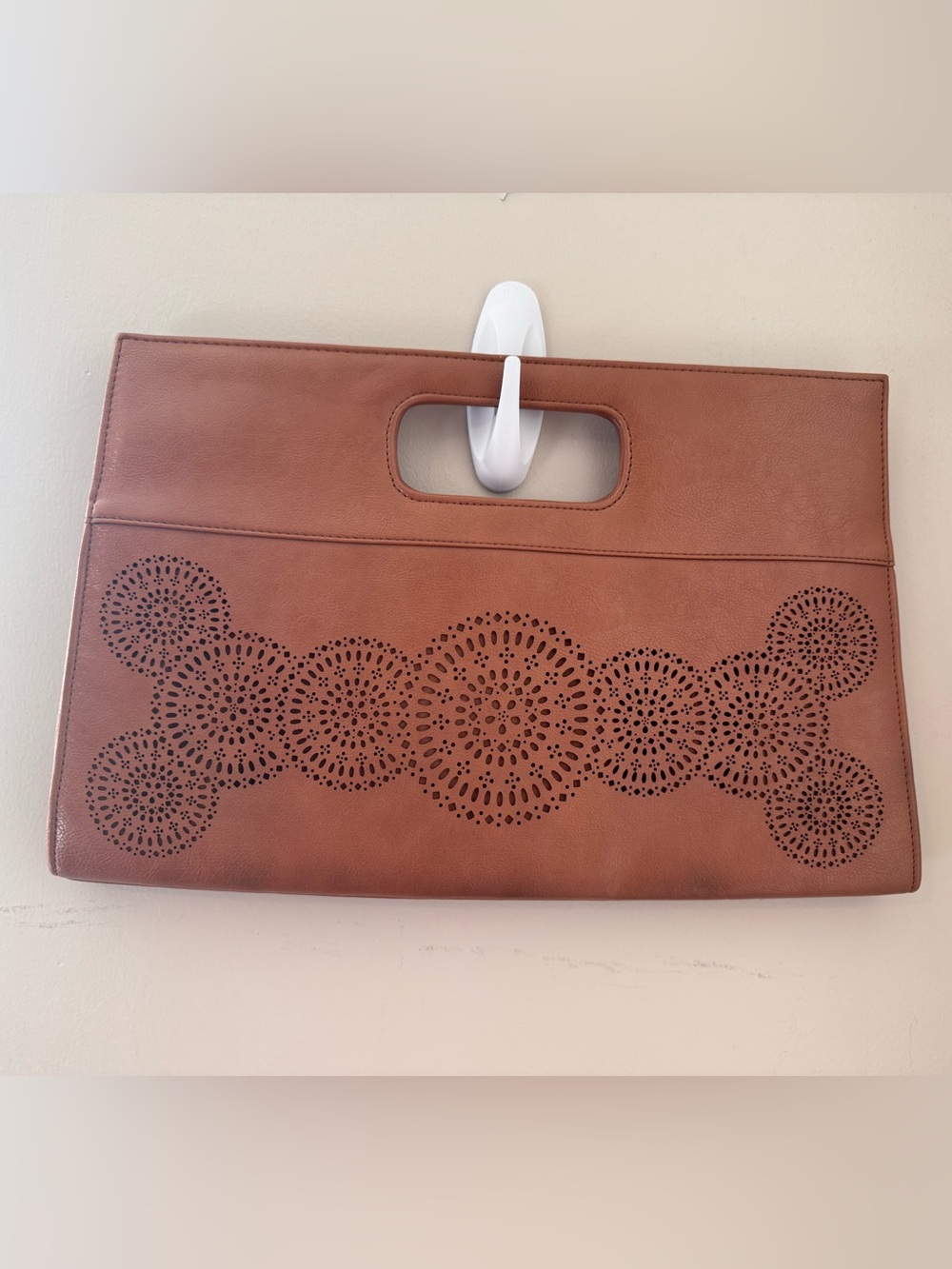 Cato Tan Faux Leather Laser Cut Cutout Clutch Handbag Flat Foldover Tote Purse